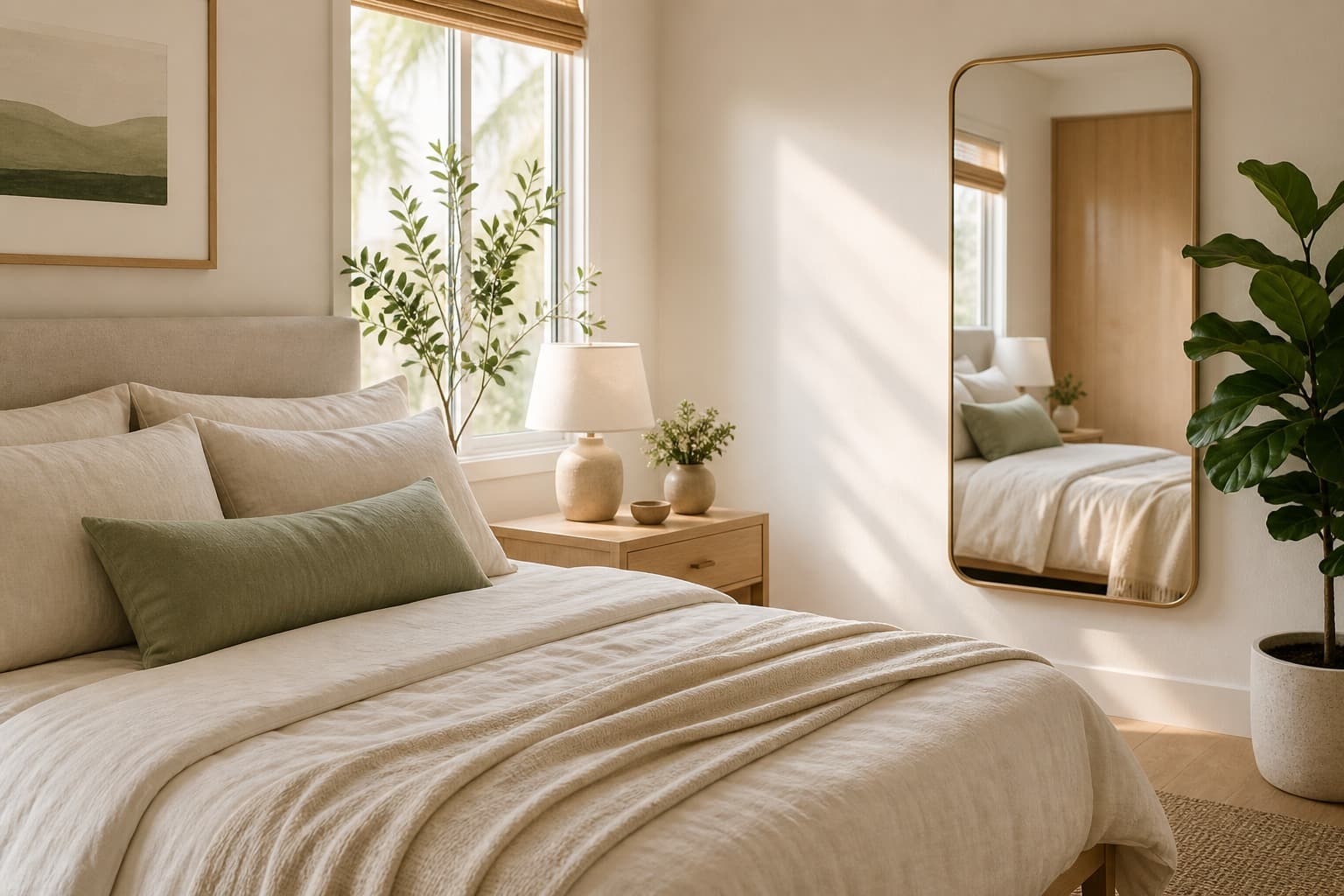 Photorealistic modern Japandi bedroom with a solid wood upholstered headboard against a solid wall, soft linens, and warm natural light.
