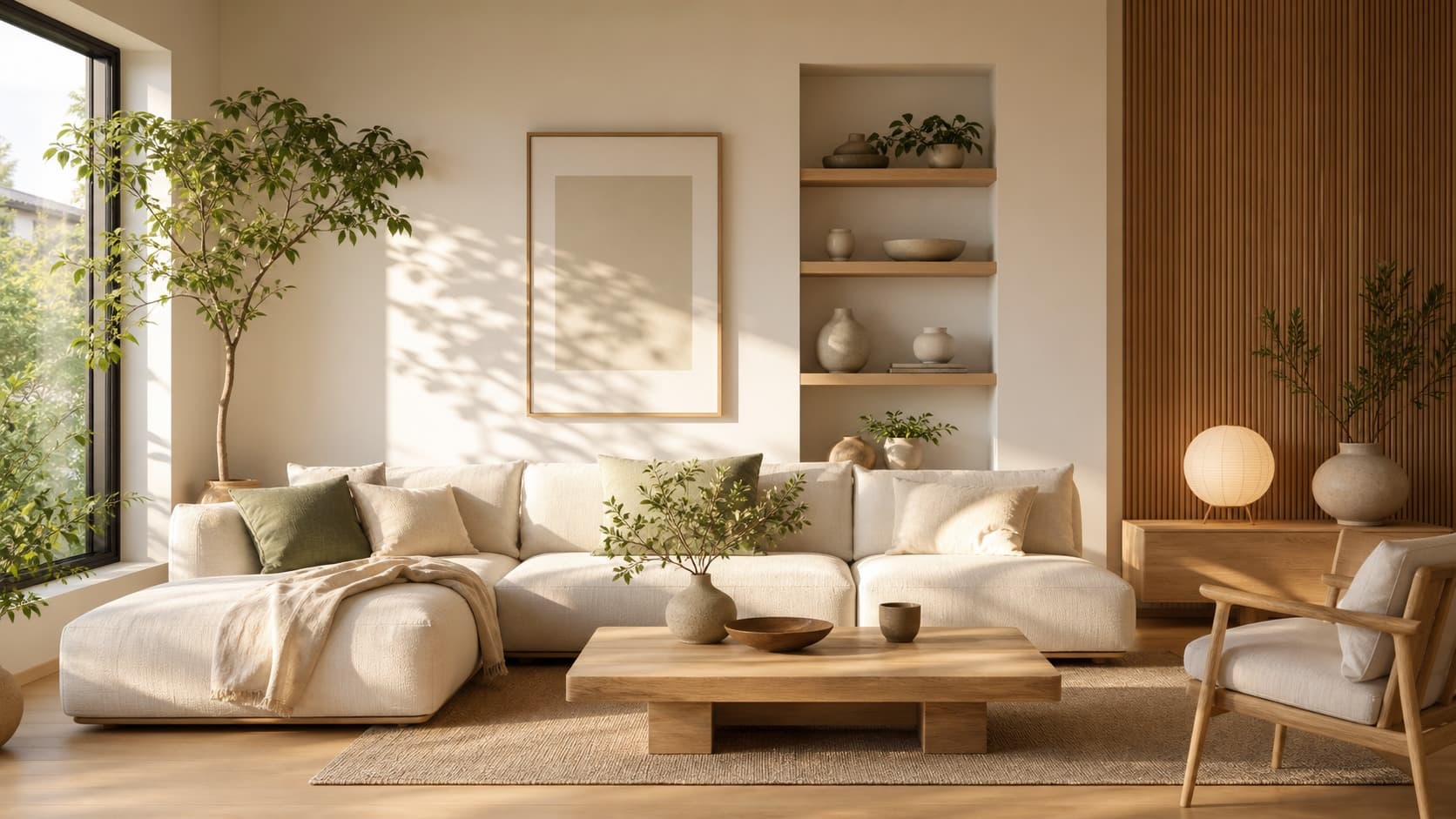 Warm minimalist Japandi living room with natural light, wood furniture, and balanced, uncluttered decor