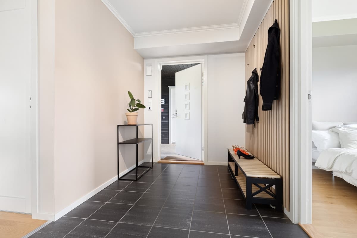 Modern Japandi entryway with a woven jute doormat, warm wood door, small potted plant, and soft natural light at the threshold.