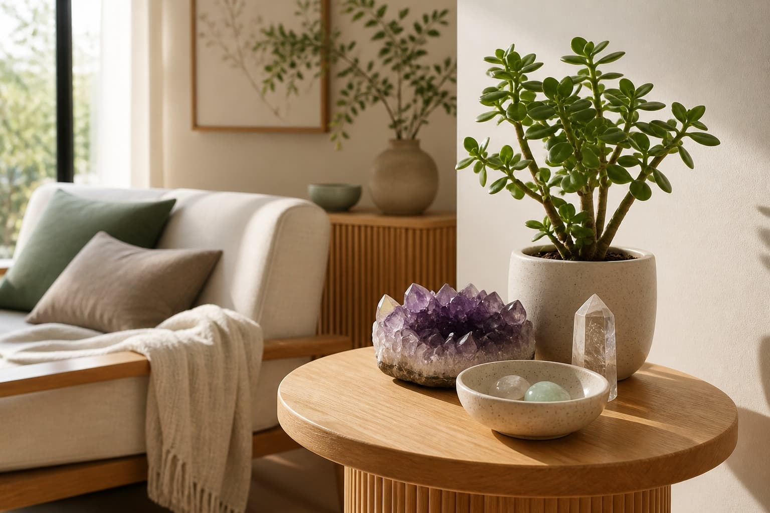 Modern Feng Shui wealth corner with crystals, jade plant, wood side table, and warm natural light.